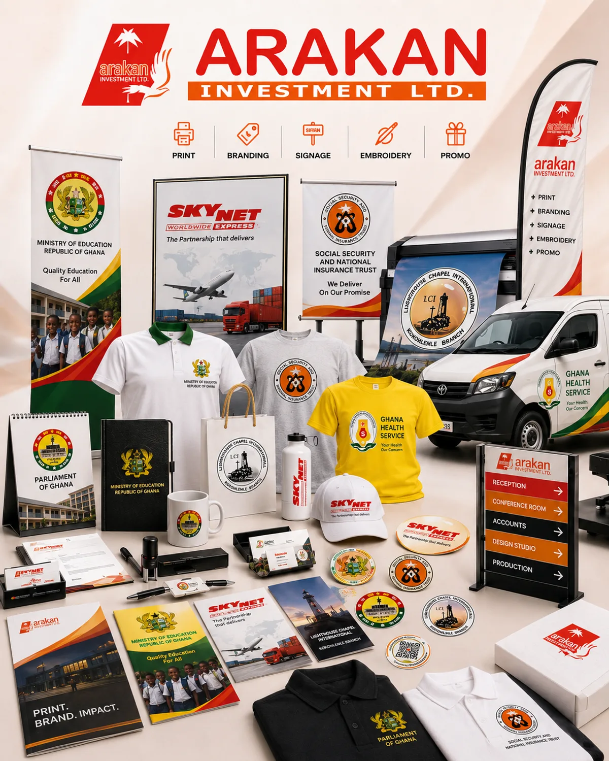 Printed products and branding formats available from Arakan Printing Press in Accra